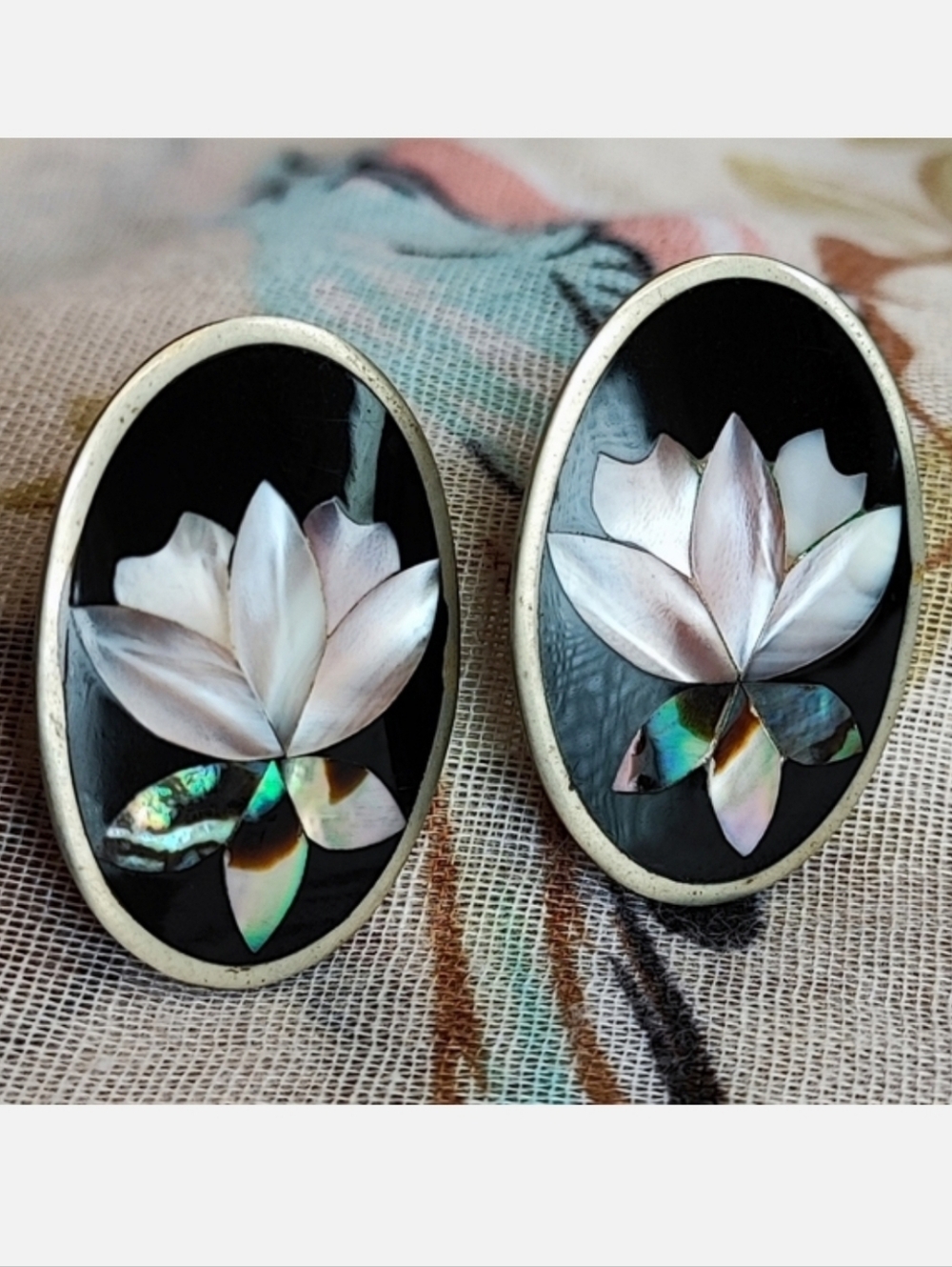 Alpaca Mexico Signed Silver Abalone Shell Mother of Pearl Pierced Earrings EUC